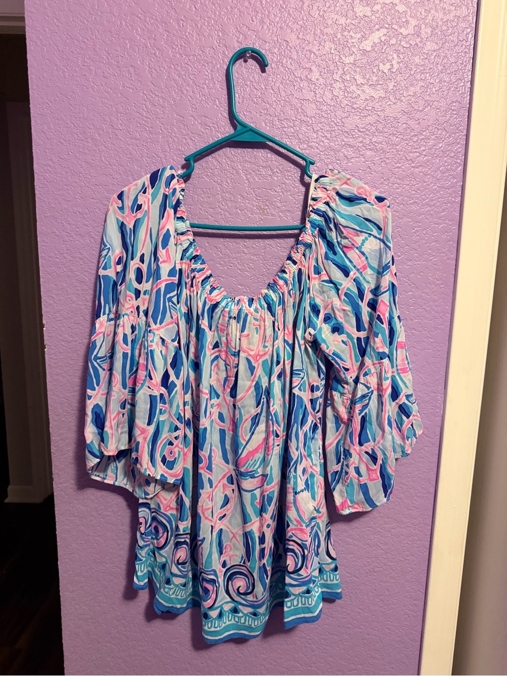 Lilly Pulitzer Blue, Pink & Aqua Printed Peasant Blouse
